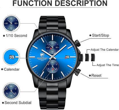 HOTGOLDEN HOUR Fashion Business Mens Watches with Stainless Steel Waterproof Chronograph Quartz Watch for Men, Auto Date
