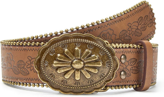 HOTWestern Belt for Women Cowgirl Cowboy Belts for Jeans | PU Leather, Floral Embossed Vintage Buckle