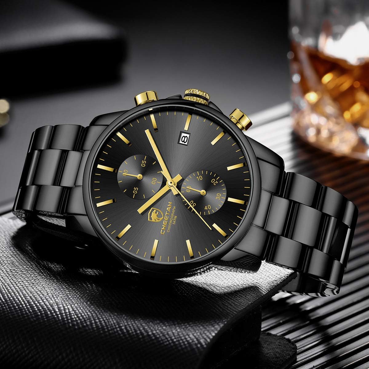 HOTGOLDEN HOUR Fashion Business Mens Watches with Stainless Steel Waterproof Chronograph Quartz Watch for Men, Auto Date
