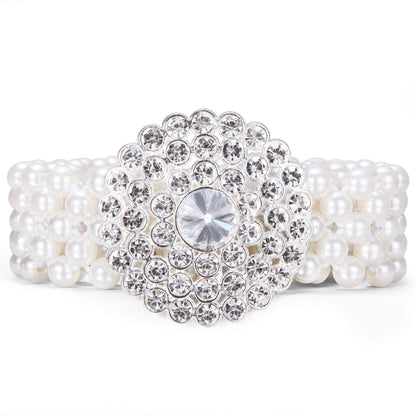 HOTDubulle Women's Pearl Belt Elastic White Waist Chain for Bridal Dress | Plus Size Belts Ivory Beige Silver Pearl Rhinestone Buckle Formal Wedding Ladies