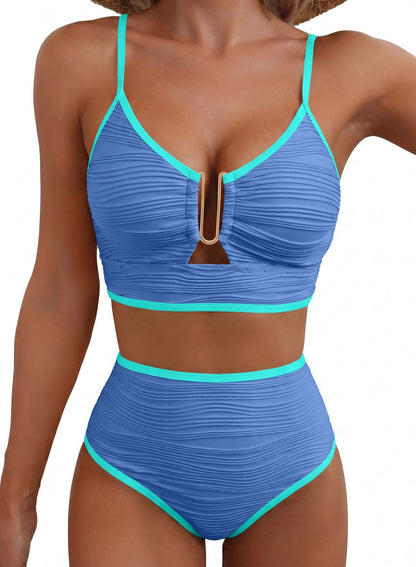 HOTHerseas 2 Piece Bikini Set U-Wire Cutout Popular Swimsuit High Waisted Textured 2026 Summer Beach Swim Bathing Suits