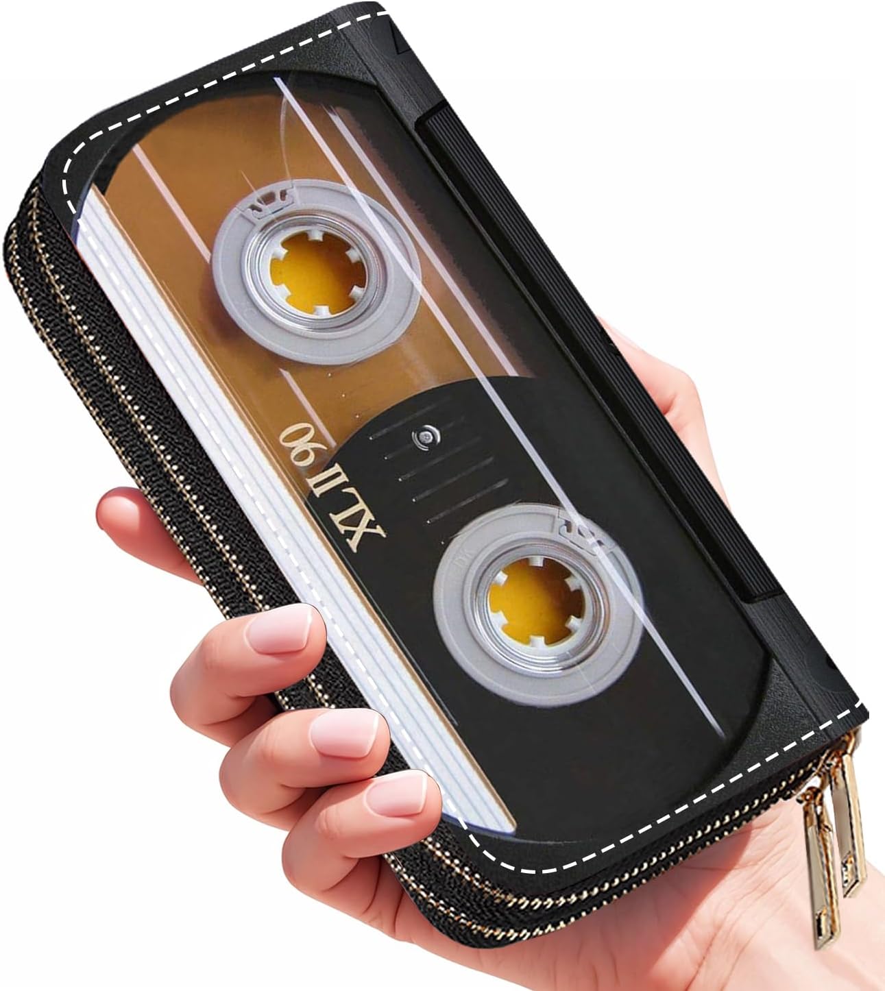 HOTWomen's Vintage 80s Music Cassette Print Double Zipper Wallet, Large Capacity, Credit Card Holder, Phone Wallet, Wristlet Strap, 7.87 x 4.13 x 1.77 inches