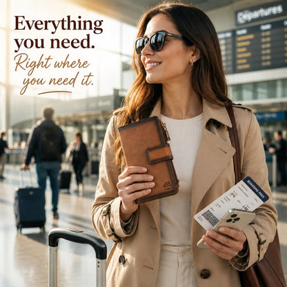 HOTESS RFID Blocking Leather Wallet for Women Slim Bifold Card Holder | - Double Zipper Money Organizer with 43 Card Slots, Passport Pocket, iPhone Storage, ID Window, Travel Wallet Brown