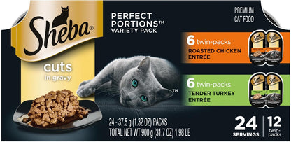HOTSheba Perfect Portions Cuts Wet Cat Food, Chicken & Turkey, 2.6 oz, 12 ct | Grain-free, Roasted Chicken & Tender Turkey, adult cat food, protein-rich, no fillers or artificial flavors, twin-pack trays