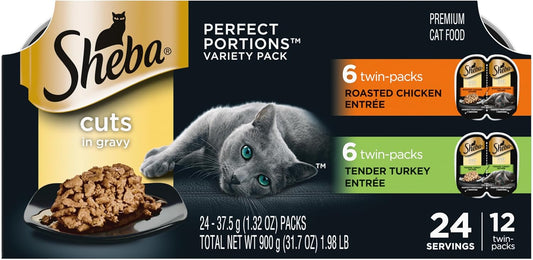 HOTSheba Perfect Portions Cuts Wet Cat Food, Chicken & Turkey, 2.6 oz, 12 ct | Grain-free, Roasted Chicken & Tender Turkey, adult cat food, protein-rich, no fillers or artificial flavors, twin-pack trays