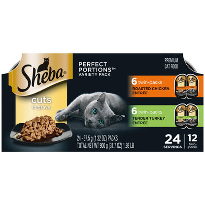HOTSheba Perfect Portions Cuts Wet Cat Food, Seafood Multipack, 2.6 oz, 24 ct | Grain-free, Sustainable fish, no fillers or artificial flavors, protein-rich, essential vitamins & minerals, twin-pack trays