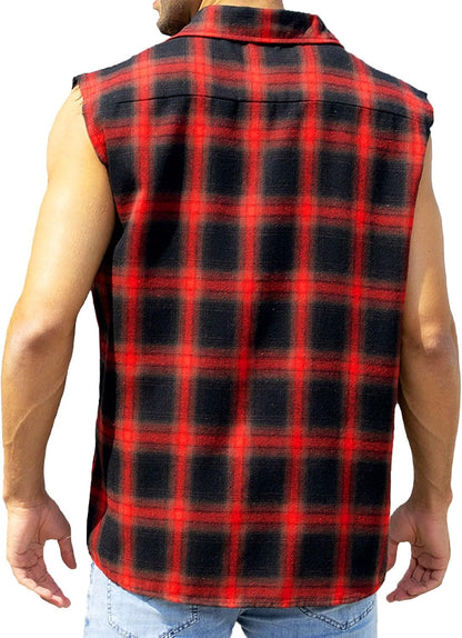 HOTMen's Sleeveless Flannel Shirt - Plaid Design for Summer Wear Casual Button-Down Shirts