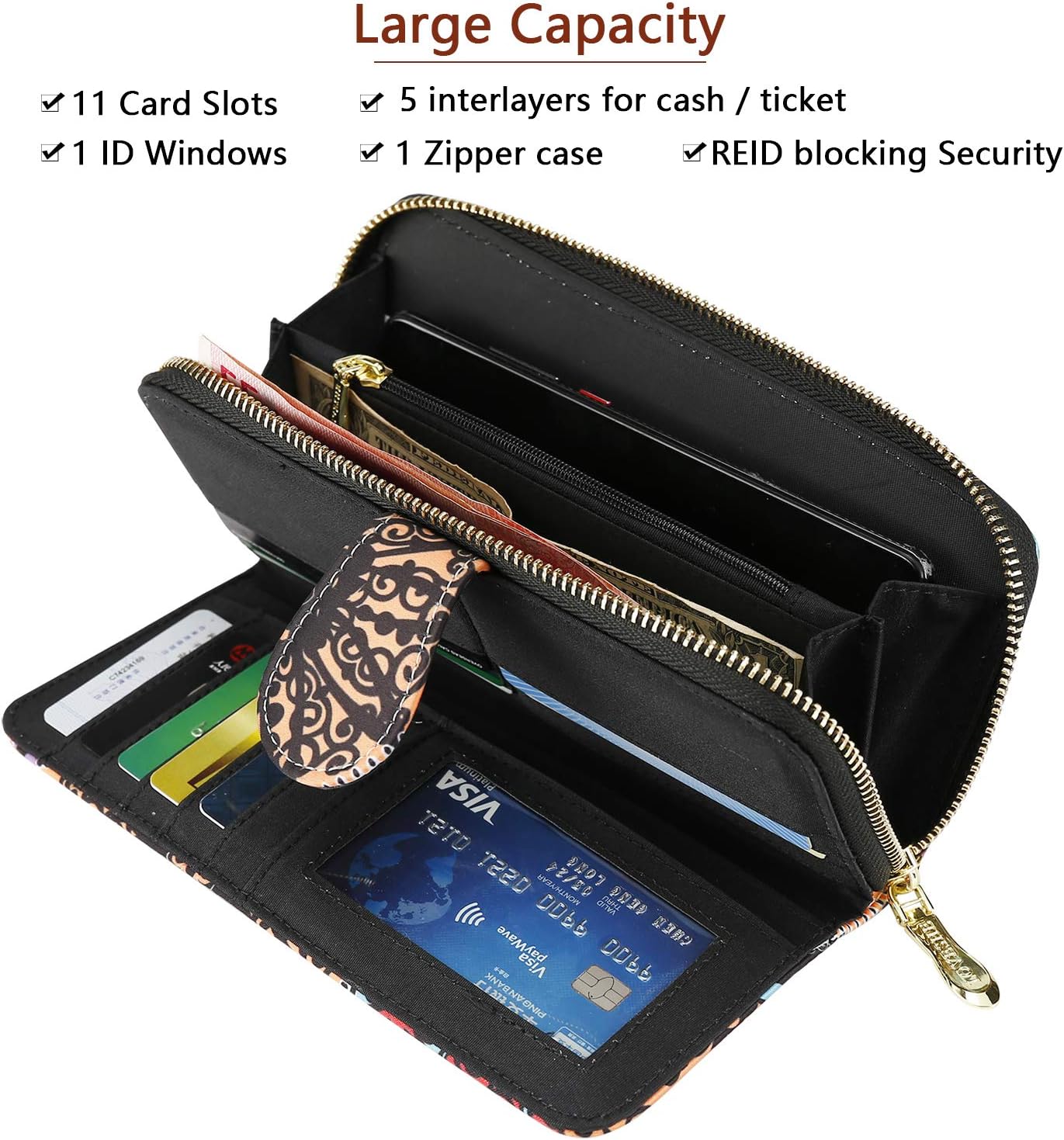 HOTWomen Wallet Card RFID For Womens Holder Blocking Credit Small Zipper Purse Pocket Bifold Slim Coin ID Ladies Wristlet Clutch Large Capacity Window Case Travel Zip Women's