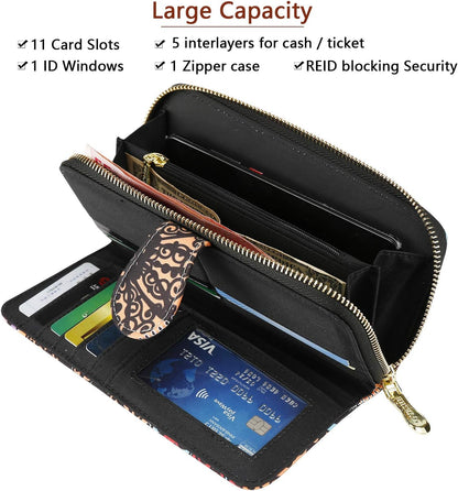 HOTWomen Wallet Card RFID For Womens Holder Blocking Credit Small Zipper Purse Pocket Bifold Slim Coin ID Ladies Wristlet Clutch Large Capacity Window Case Travel Zip Women's