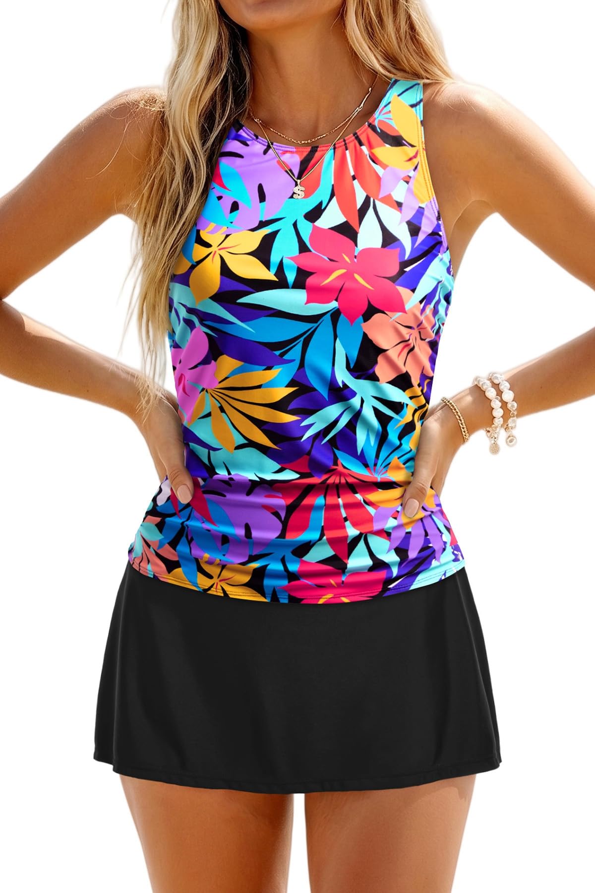HOTDaci Womens Tankini Swimsuits with Skirt Tummy Control Swimwear | High Neck, Ruched Detail, Full Coverage, Removable Pads, High Waisted Skirt, Soft Built-in Brief, Beach and Resort