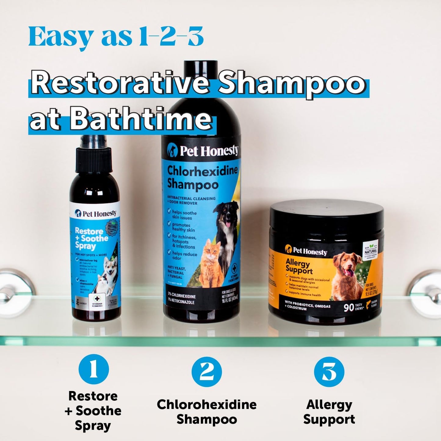 HOTPet Honesty Chlorhexidine Cat & Dog Seasonal Itch Relief Shampoo, for Allergies, Itching, Skin and Coat Supplement, Helps Shedding, Hot Spots, Deodorizing Dog Shampoo & Grooming Supplies,16oz