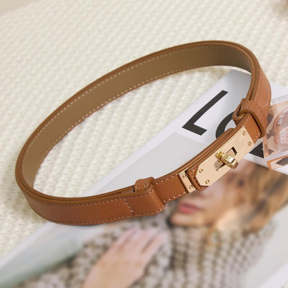 HOTWomen’s Skinny Leather Belt with Gold or Silver Turn-Lock Buckle – Adjustable Thin Belt for Dresses, Office & Wedding