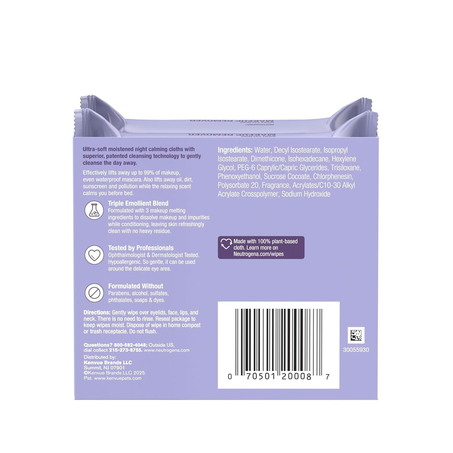 HOTNeutrogena Night Calming Makeup Remover Face Wipes, Nighttime Cleansing Towelettes Remove Sweat, Dirt & Makeup & Calms Skin, Hypoallergenic, 100% Plant Based Cloth, 50 Count (2 Packs of 25)