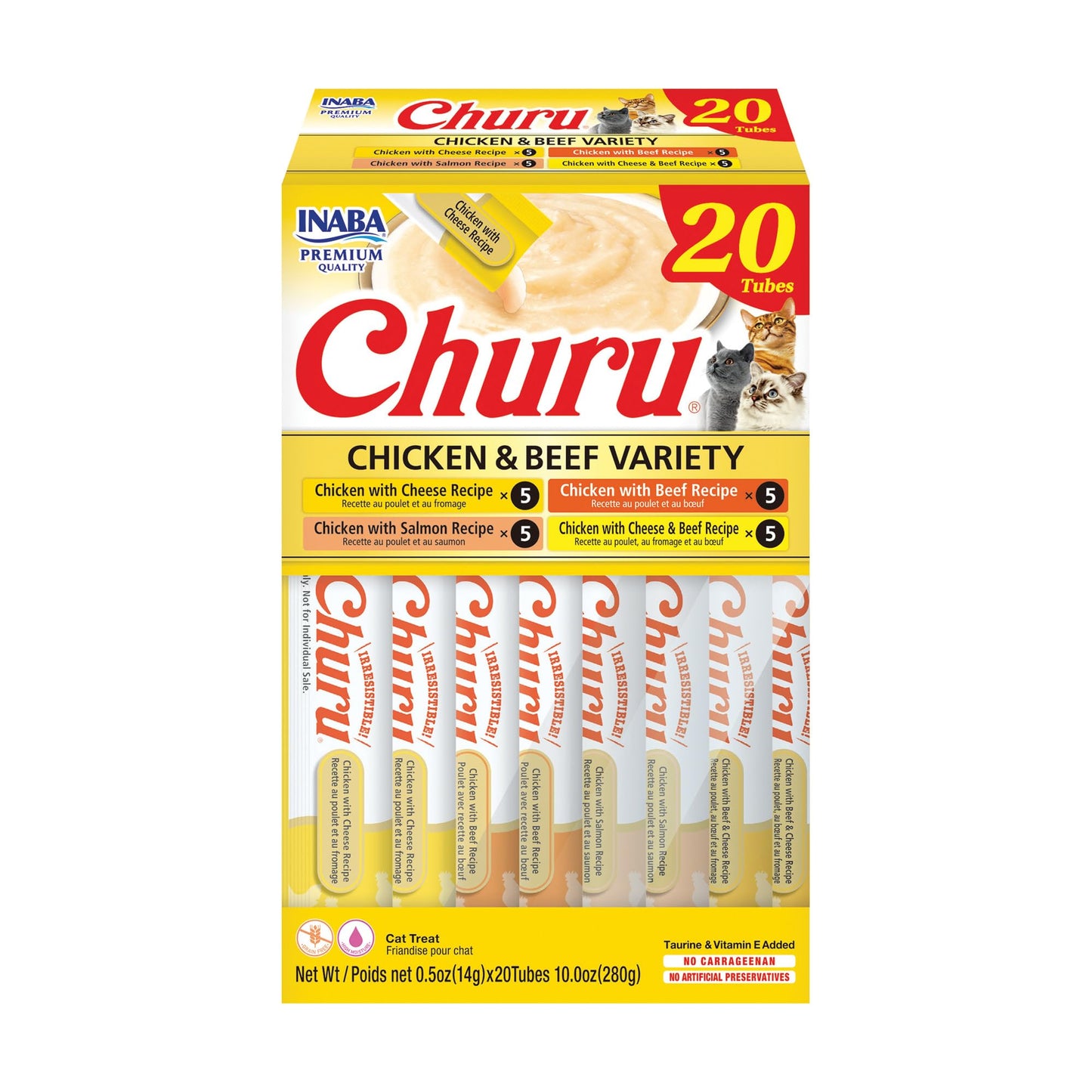 HOTINABA Churu Cat Treats, Lickable, Squeezable Creamy Purée Cat Treat with Green Tea Extract & Taurine, 0.5 Ounces Each Tube, 20 Tubes, Tuna Variety Box