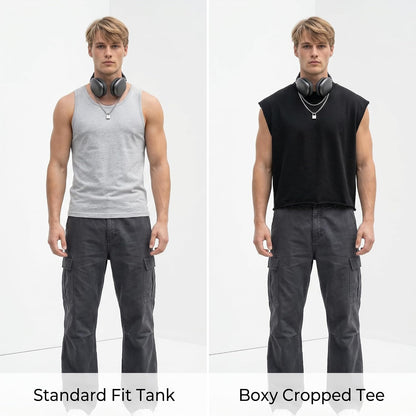 HOTMen's Cropped Tank Top Boxy Oversized for Bigger Frames, 320GSM Heavyweight French Terry Sleeveless Tee Raw Hem Streetwear