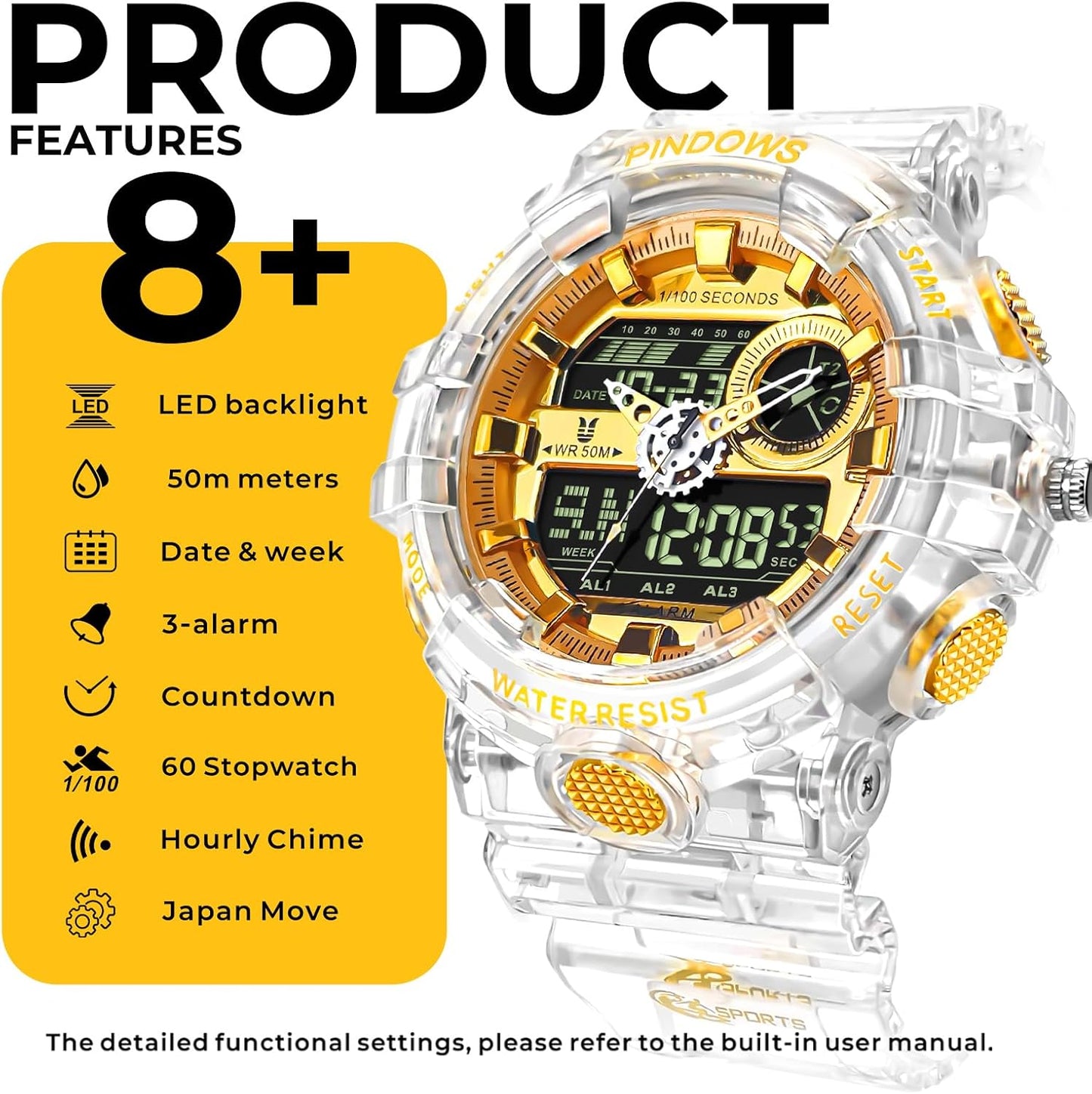 HOTPINDOWS Watches for Men, Transparent Gold Analog Digital Dual Time 50M Waterproof, LED Backlight Multifunctional with Alarms, Stopwatch, Ideal for Sports, Outdoor Activities, and Daily Wear