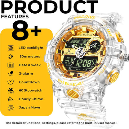 HOTPINDOWS Watches for Men, Transparent Gold Analog Digital Dual Time 50M Waterproof, LED Backlight Multifunctional with Alarms, Stopwatch, Ideal for Sports, Outdoor Activities, and Daily Wear