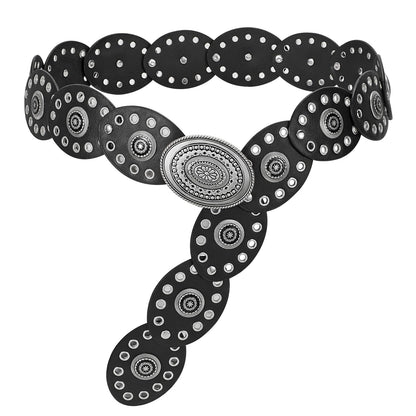 HOTLEACOOLKEY Hollow Western Disc Belt for Dress Boho Concho Belt Vintage Country Waist Belts for Women