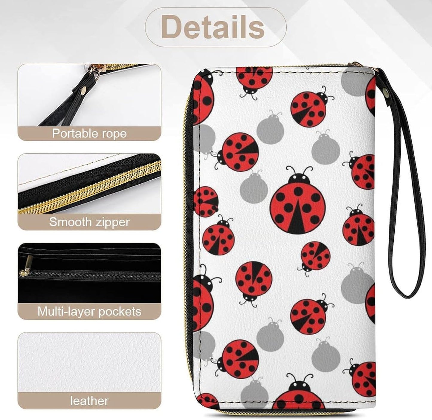HOTPortable Wallets for Women Ladybugs Cartoon Cute Credit Card Holder with Zipper Slim Compact Cash Organizer Bag Waterproof Pu Leather Clutch with Wrist Strap