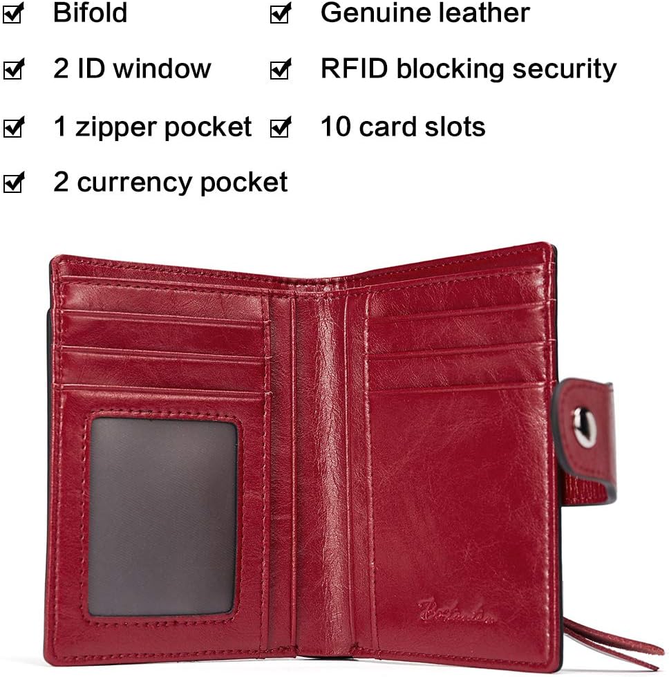 HOTBOSTANTEN Women Leather Wallet RFID Blocking Bifold Zipper Pocket Wallet Card Case Purse with ID Window