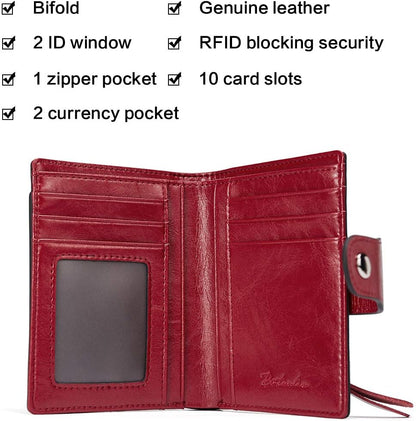 HOTBOSTANTEN Women Leather Wallet RFID Blocking Bifold Zipper Pocket Wallet Card Case Purse with ID Window