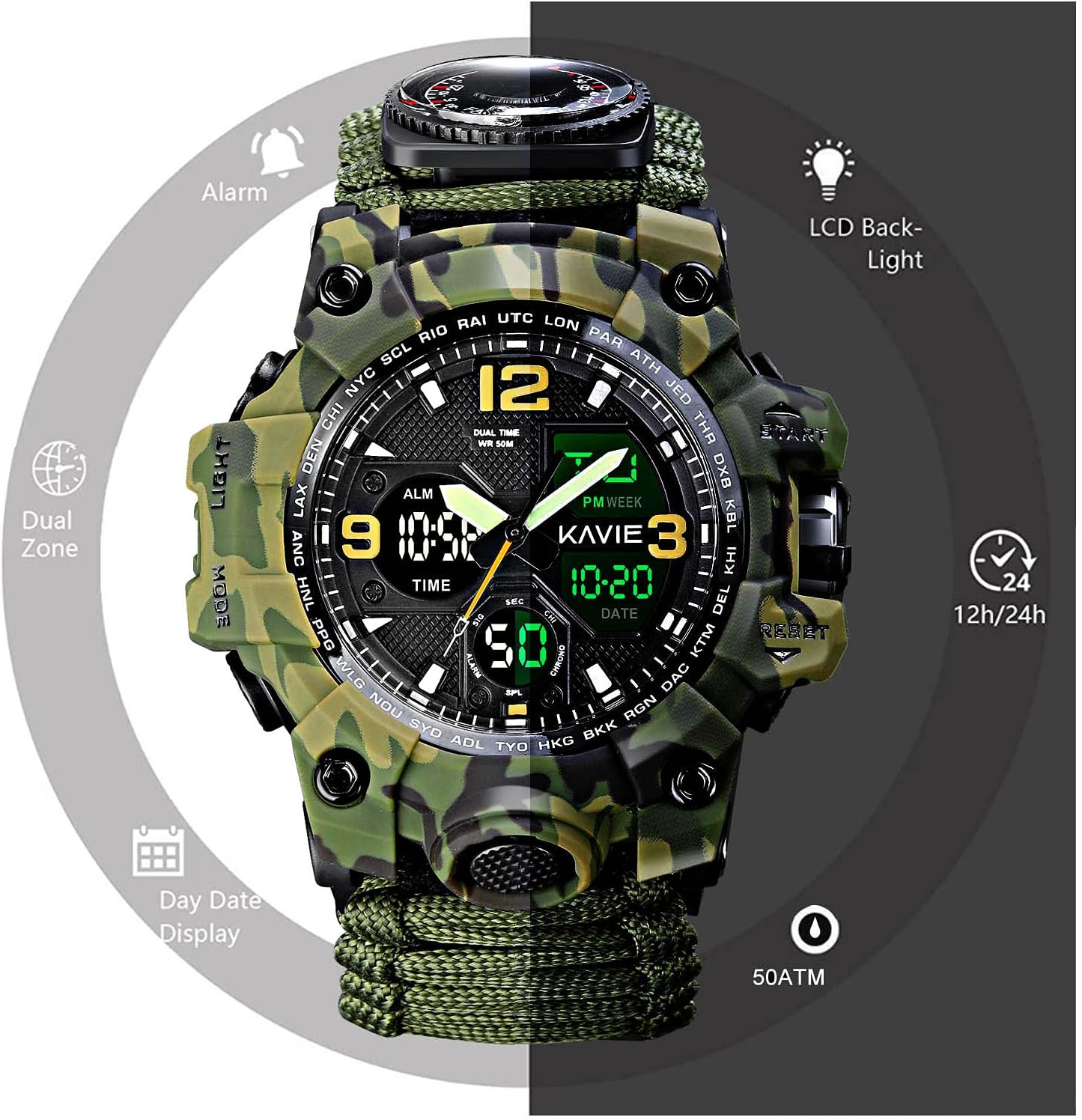 HOTMens Tactical Military Digital Watch, 23-in-1 Survival Multi-Functional Army Outdoors Waterproof Camouflage Sports Watches Dual Display Analog LED Electronic Wristwatches with Compass Paracord Band