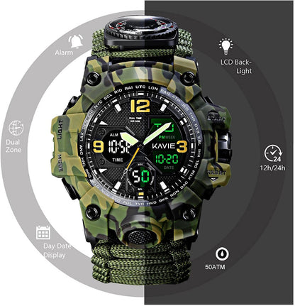 HOTMens Tactical Military Digital Watch, 23-in-1 Survival Multi-Functional Army Outdoors Waterproof Camouflage Sports Watches Dual Display Analog LED Electronic Wristwatches with Compass Paracord Band