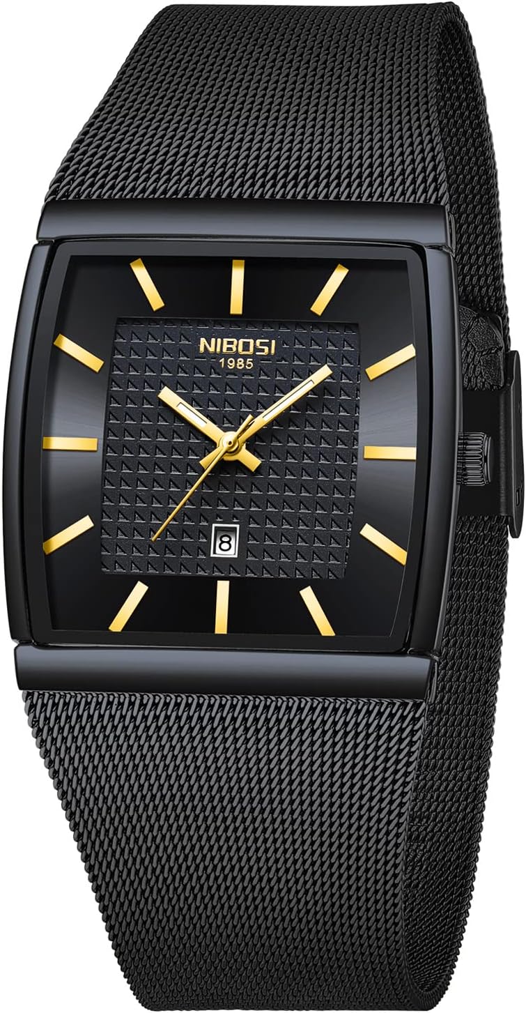 HOTNIBOSI Men Watches Square Analog Quartz Stainless Steel Watches for Men Mesh Strap Waterproof Business Military Sport Wrist Watch with Date