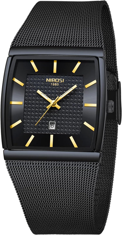 HOTNIBOSI Men Watches Square Analog Quartz Stainless Steel Watches for Men Mesh Strap Waterproof Business Military Sport Wrist Watch with Date