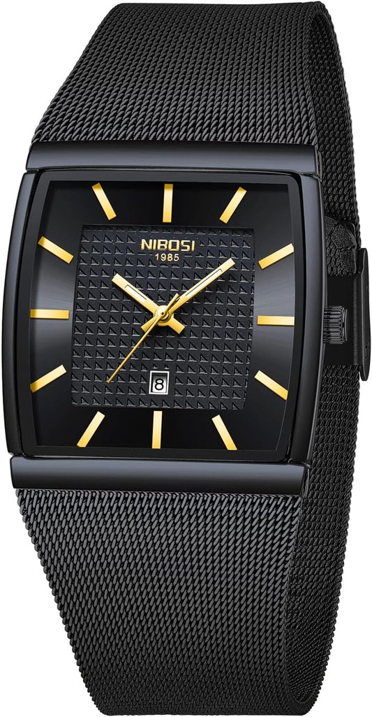 HOTNIBOSI Men Watches Square Analog Quartz Stainless Steel Watches for Men Mesh Strap Waterproof Business Military Sport Wrist Watch with Date