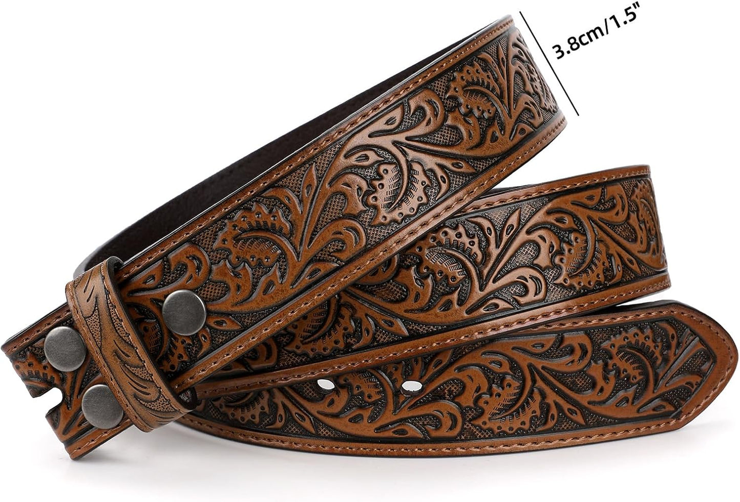 HOTTRIWORKS Western Belt Strap for Men without Buckle 1.5" Wide Floral Engraved Embossed Leather Belt Strap