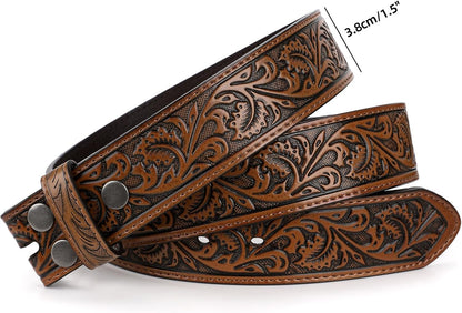 HOTTRIWORKS Western Belt Strap for Men without Buckle 1.5" Wide Floral Engraved Embossed Leather Belt Strap