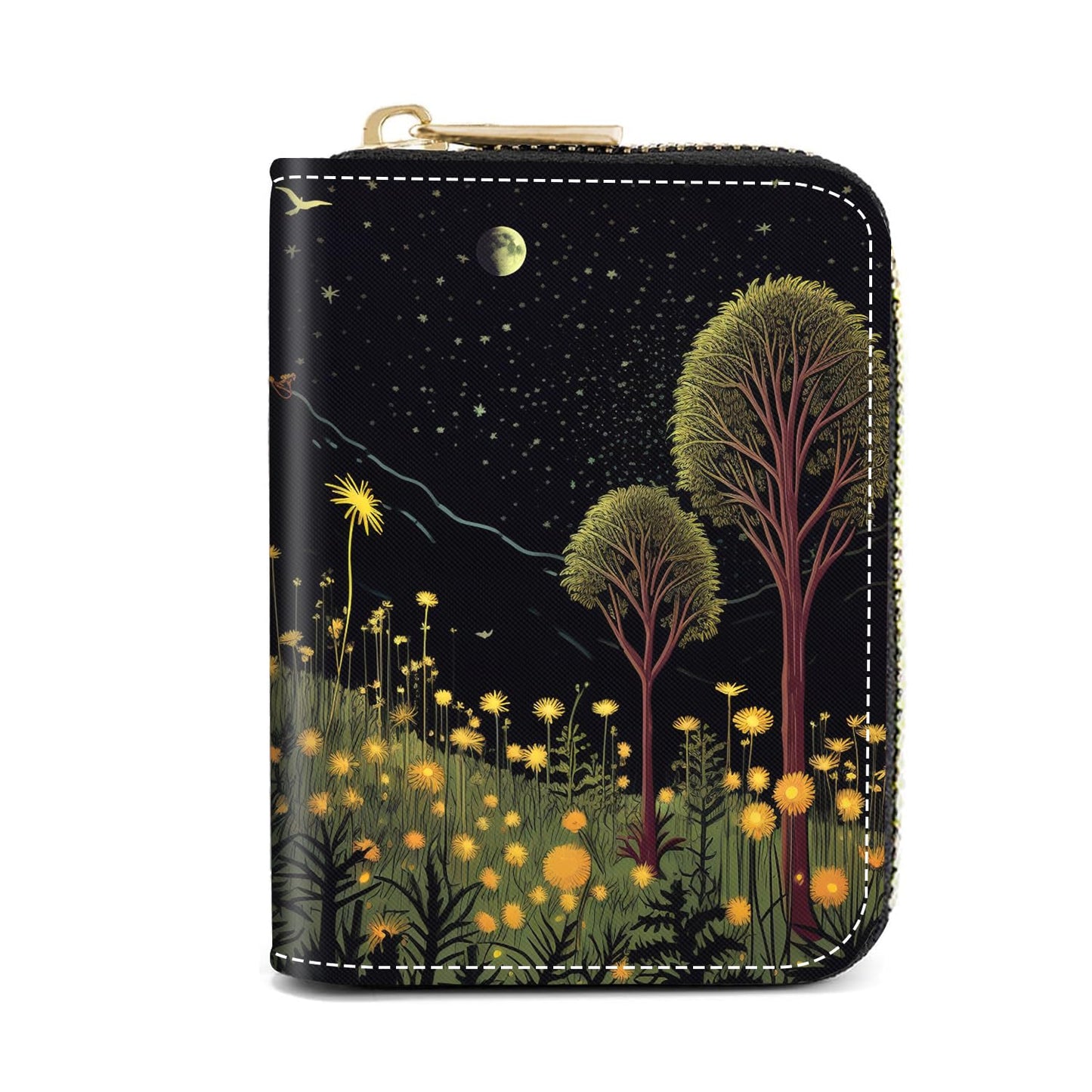 HOTCredit Card Holder Wallets for Women, Slim Leather Card Holder Wallet, Credit Card Wallet Organizer, Pocket Business Card Case with Zipper, Elephants and Flowers Under the Moon