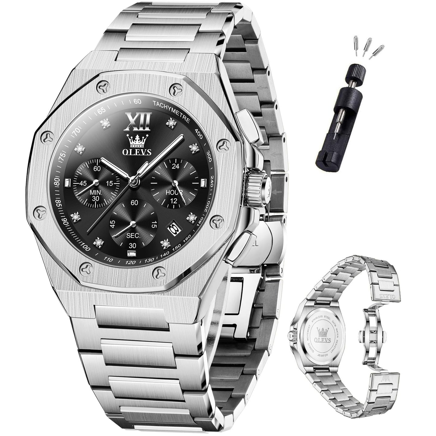 HOTOLEVS Mens Watches Octagonal Luxury Stainless Steel Dress Watches for Men Quartz Analog Large Face Luminous Relojes para Hombres