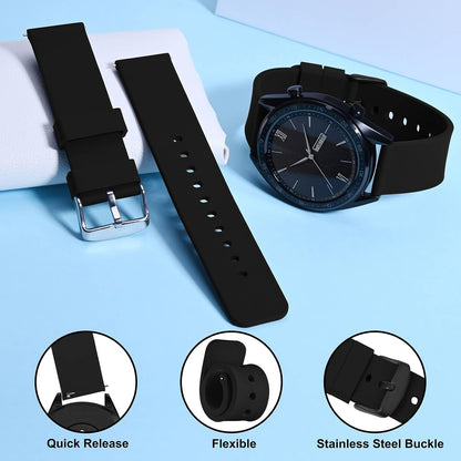HOTWOCCI 20mm Silicone Watch Band, Quick Release Rubber Replacement Strap with Black Stainless Steel Buckle (Black)