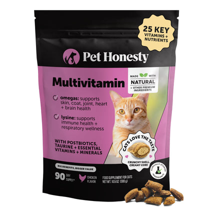 HOTCat Multivitamin Crunchy Creamy Chews - Daily Cat Vitamins with Lysine, Prebiotics, Omega 3 Fish Oil - Cat Treats for Immune Support, Skin Coat, Digestion, Heart + Joint Health (30-Day Supply)