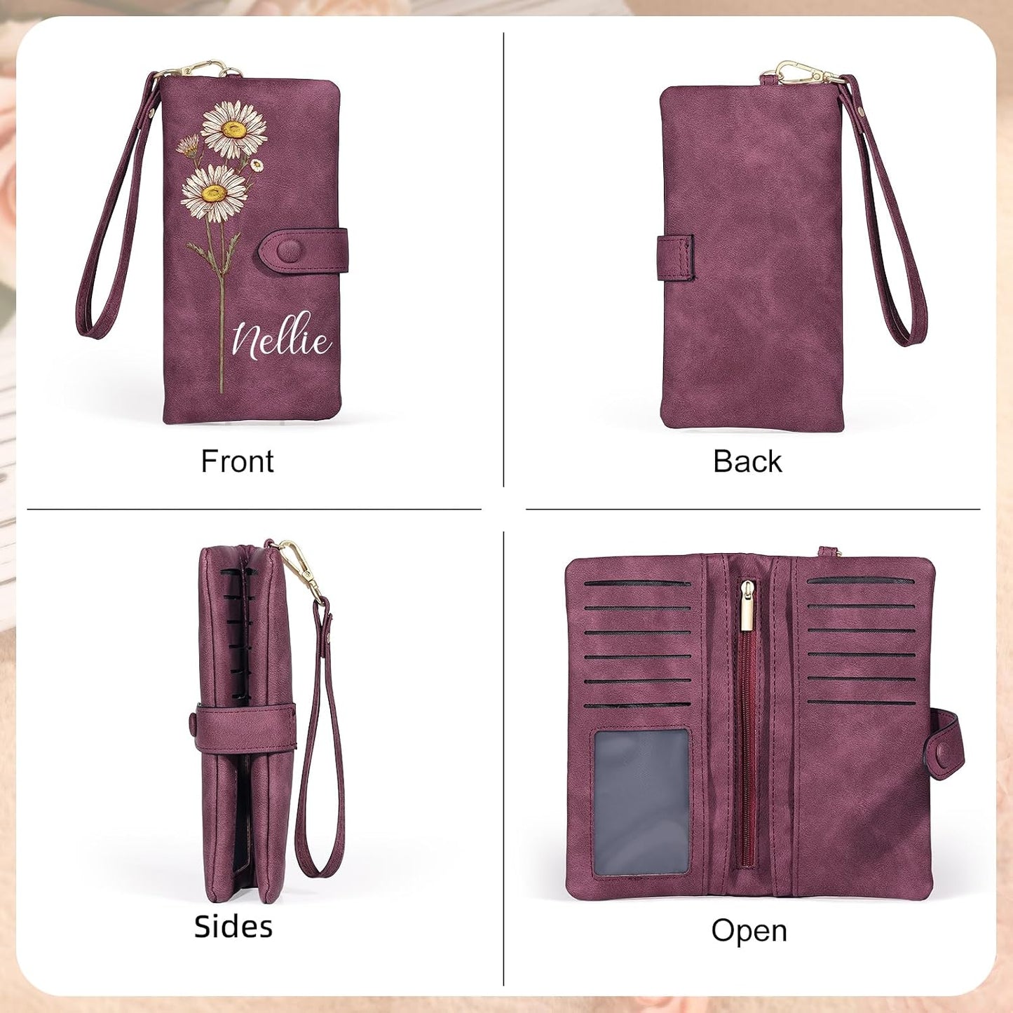 HOTPersonalized Wallet for Women, Custom Birth Flower & Name Detachable Leather Wristlet, Stylish Card Holder Purse with Zipper Large Capacity Wallet Mother's Day Gifts for Mom (Purple)