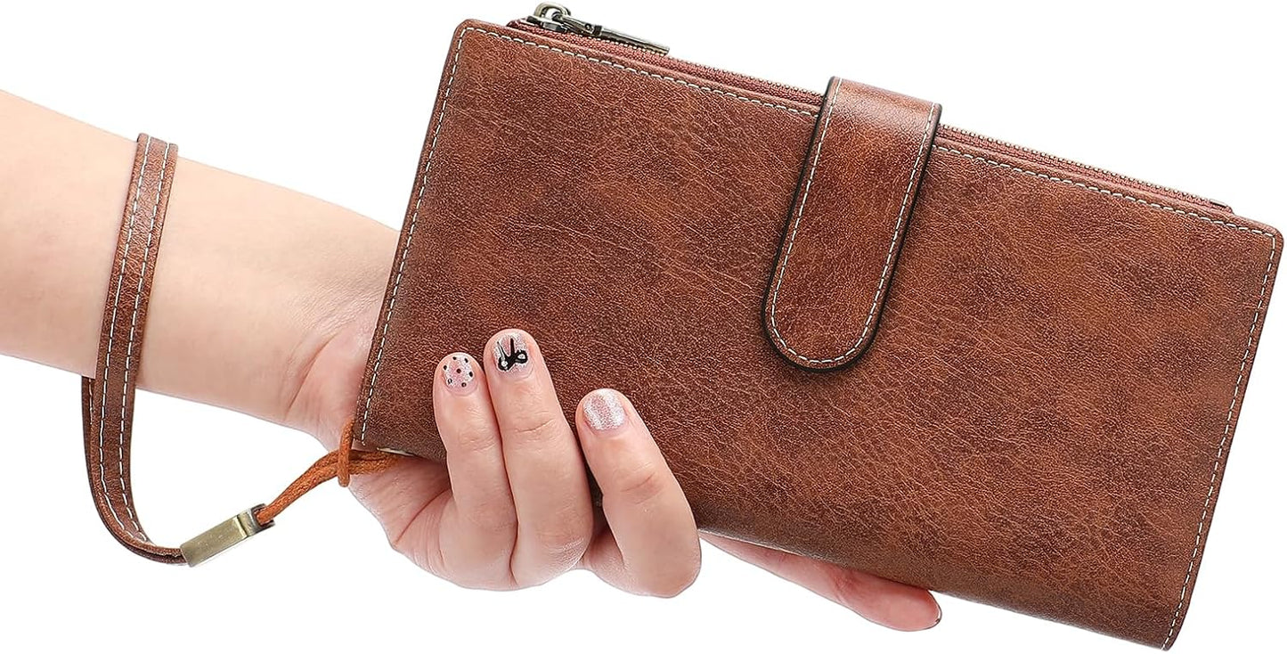 HOTGOIACII Large Wallet for Women Leather Wristlet Brown | RFID Blocking, Multi-card Slots, Detachable Wrist Strap, Trifold Clutch Purse