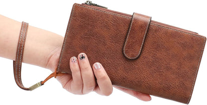 HOTGOIACII Large Wallet for Women Leather Wristlet Brown | RFID Blocking, Multi-card Slots, Detachable Wrist Strap, Trifold Clutch Purse