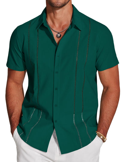 HOTCOOFANDY Men's Cuban Guayabera Shirt Short Sleeve Button Down Shirts Casual Summer Beach Linen Shirts