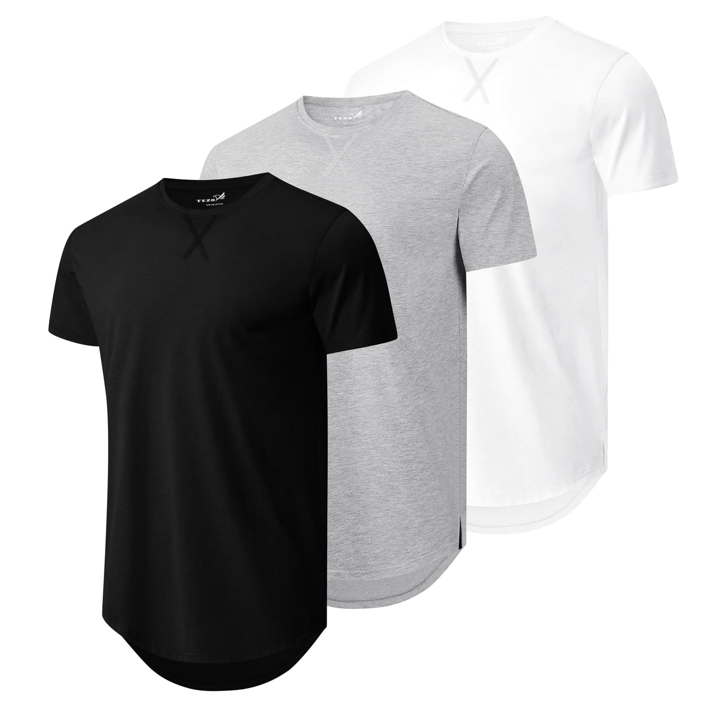 HOTMens 3 Pack Plain Cotton Shirts Short Sleeve Casual Crew Neck T-Shirts Hipster Hip Hop Longline Tees Drop Cut Curved Hem