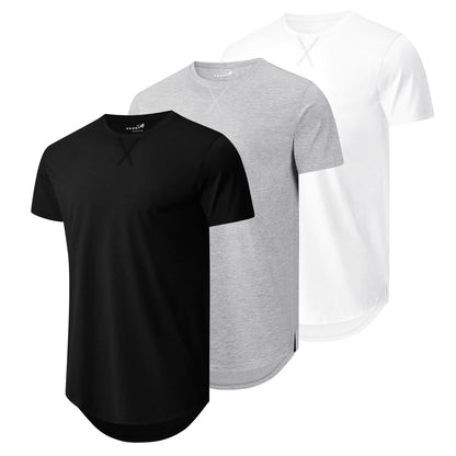 HOTMens 3 Pack Plain Cotton Shirts Short Sleeve Casual Crew Neck T-Shirts Hipster Hip Hop Longline Tees Drop Cut Curved Hem