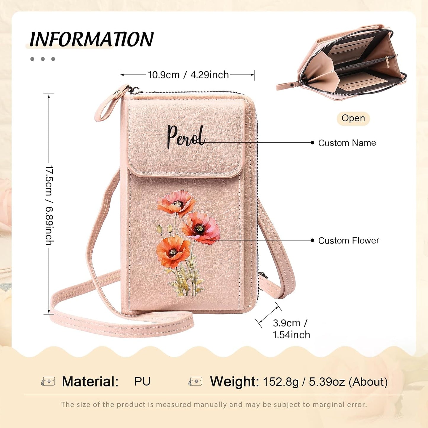 HOTCustom Leather Birthflower Money Clip Wallet Personalized Engraved Name Hold Phone Purse with Wrist Strap for Women Mom Sister Christmas Birthday Valentine's Day Gifts