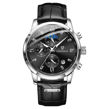 HOTLIGE Chronograph Watch for Men Wrist Leather Analog Dress Waterproof Vintage Work Casual Unique Retro Quartz Date Moon Phase Display Luminous 3ATM Water Resistant Mens Watches