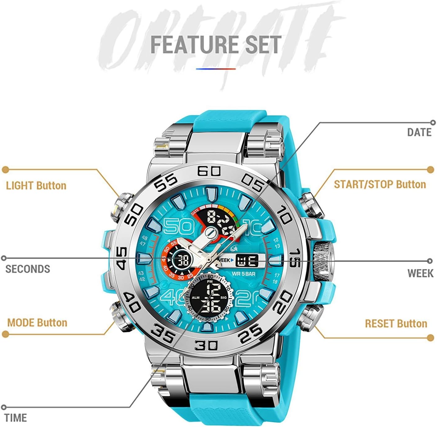HOTfindtime Mens Watches Sports Outdoor Watch for Men Designer Large Face Military Men's Wristwatches with Date Week Alarm LED Waterproof Stopwatch