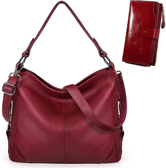 HOTYALUXE Bundle Women's Real Leather Handbags Purses and RFID Protected Card Wallets Red 1