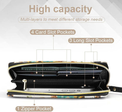 HOTRural Style Highland Cow Sunflower Collage Pattern Clutch Purse Leather Large Capacity Wristlet Leather Wallet