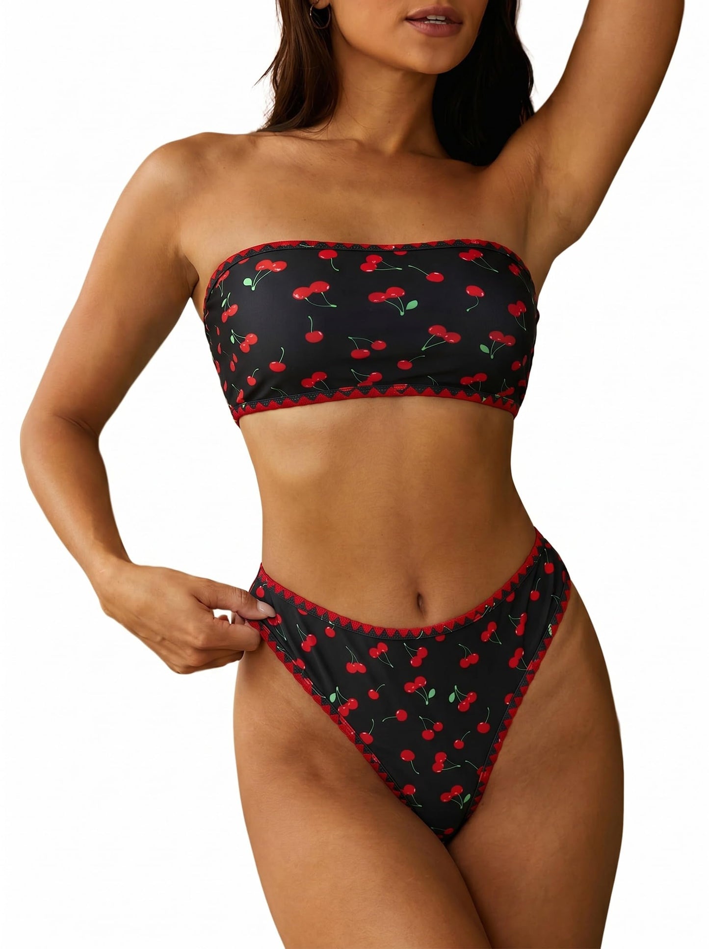 HOTZAFUL Women Strapless Bandeau Bikini 2 Piece Swimwear Lace up Bathing Suits | Strapless Textured Bikini Set Cheeky Solid Bandeau Bathing Suits
