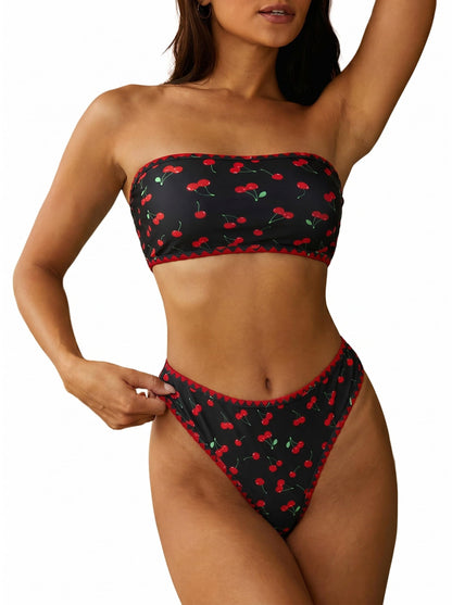 HOTZAFUL Women Strapless Bandeau Bikini 2 Piece Swimwear Lace up Bathing Suits | Strapless Textured Bikini Set Cheeky Solid Bandeau Bathing Suits