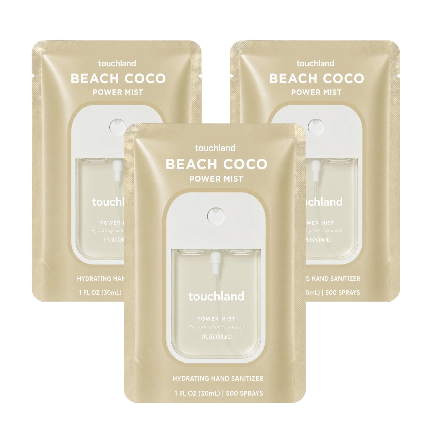 HOTTouchland Dye Free Trio Hydrating Hand Sanitizer Spray Set Travel Size | TSA ready Power Mist with skincare benefits. Rainwater, Beach Coco and Unscented.